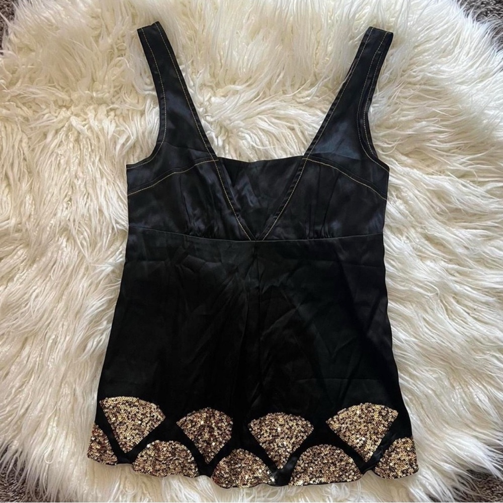 Bebe Black Tank Top with Gold Sequin Accents
